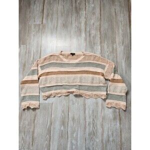 Originality Chenille Knit Lettuce Trim Crop Sweater Blue Cream Tan Sz L EUC
